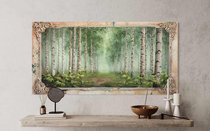 Birch Trees Forest In Summer Rustic Framed Canvas Wall Art