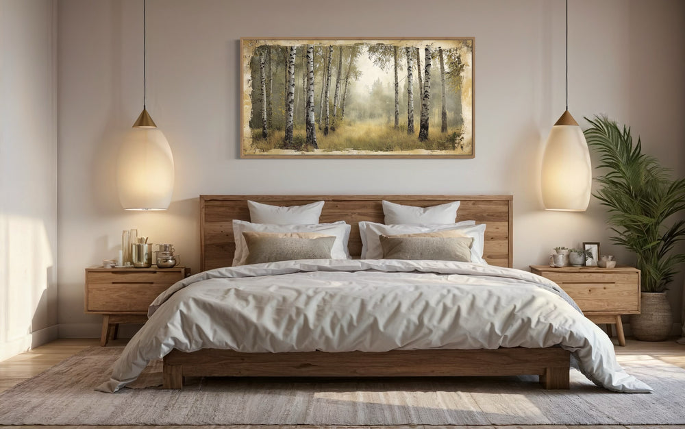 Birch Trees Forest In Summer Rustic Framed Canvas Wall Art