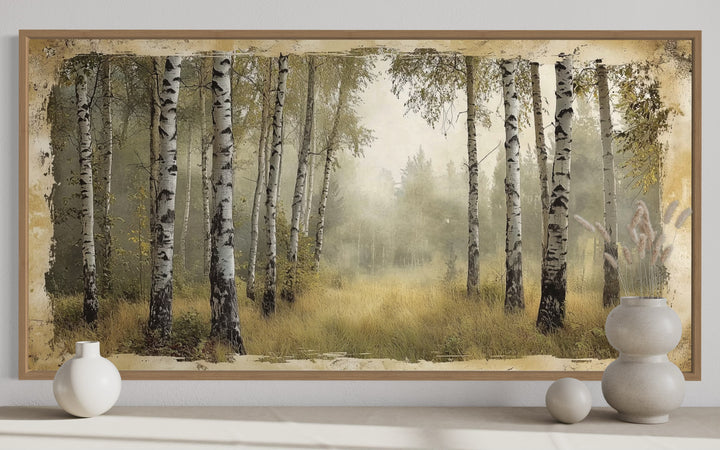 Birch Trees Forest In Summer Rustic Framed Canvas Wall Art