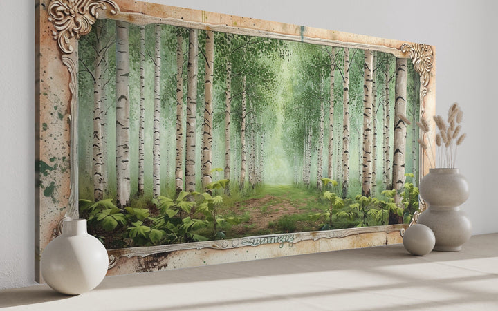 Birch Trees Forest In Summer Rustic Framed Canvas Wall Art