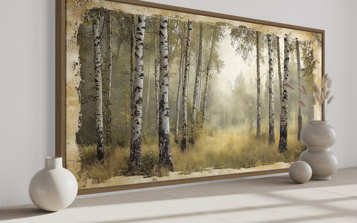 Birch Trees Forest In Summer Rustic Framed Canvas Wall Art