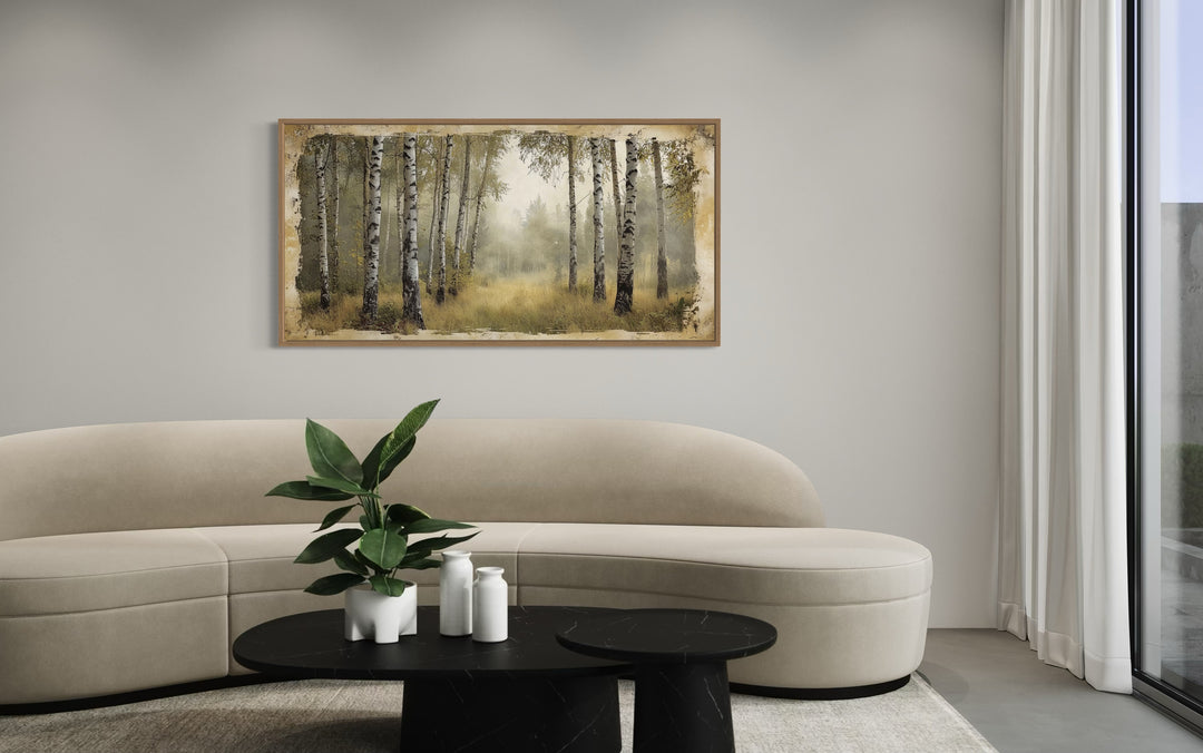 Birch Trees Forest In Summer Rustic Framed Canvas Wall Art