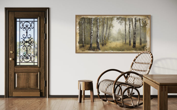Birch Trees Forest In Summer Rustic Framed Canvas Wall Art