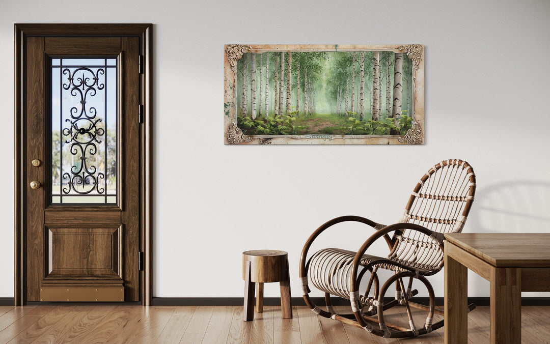 Birch Trees Forest In Summer Rustic Framed Canvas Wall Art