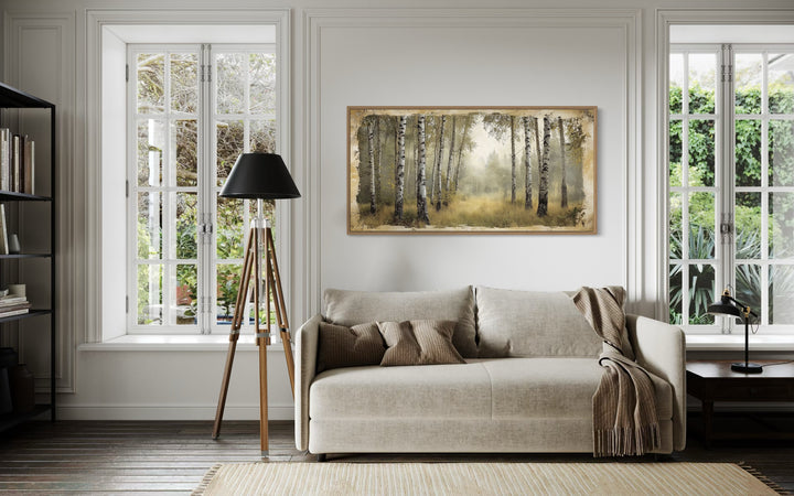 Birch Trees Forest In Summer Rustic Framed Canvas Wall Art