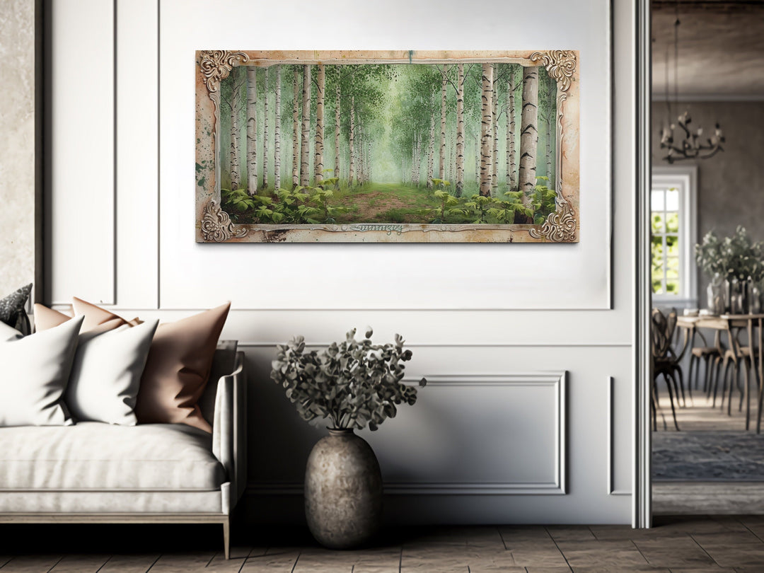 Birch Trees Forest In Summer Rustic Framed Canvas Wall Art