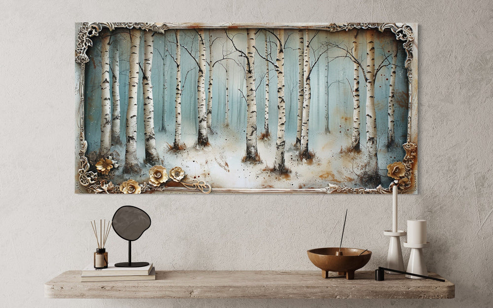 Birch Trees Forest In Winter Rustic Framed Canvas Wall Art close up