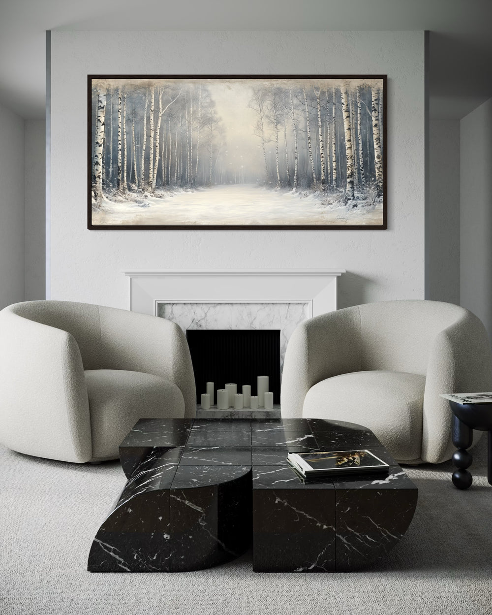 Birch Trees Forest In Winter Rustic Framed Canvas Wall Art