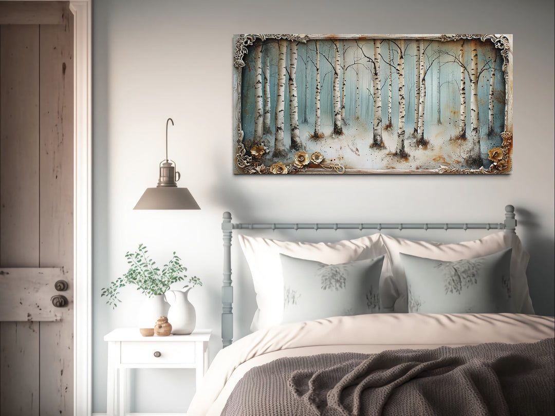 Birch Trees Forest In Winter Rustic Framed Canvas Wall Art