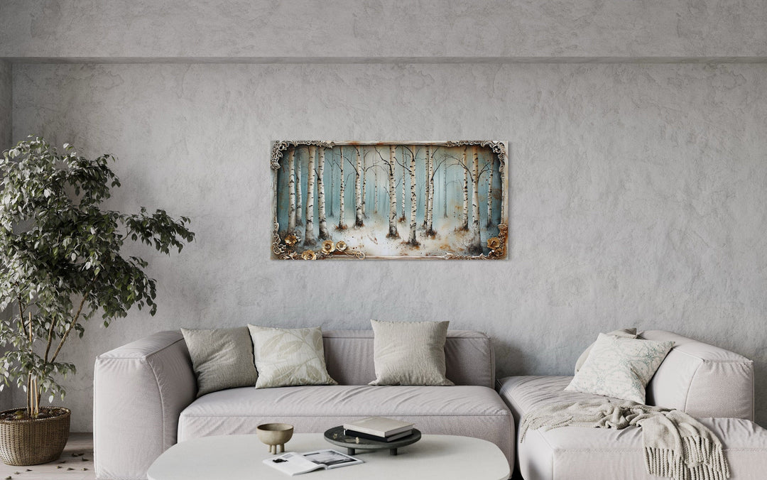 Birch Trees Forest In Winter Rustic Framed Canvas Wall Art