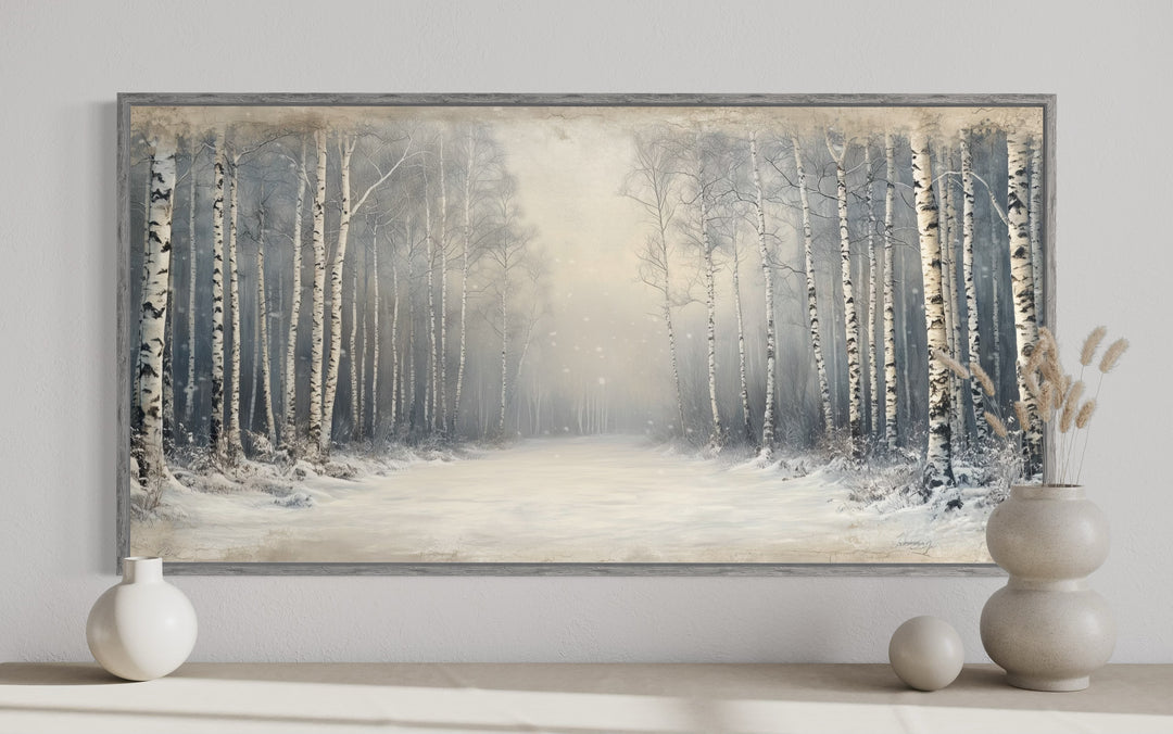 Birch Trees Forest In Winter Rustic Framed Canvas Wall Art