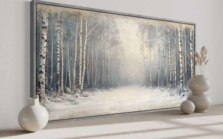 Birch Trees Forest In Winter Rustic Framed Canvas Wall Art