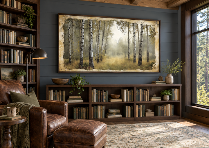 Birch trees forest in summer rustic framed canvas wall art hanging in a cozy library setting.