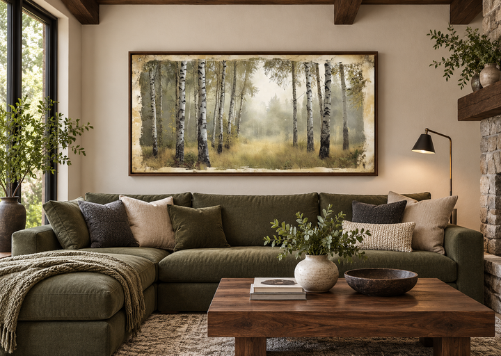 Birch trees forest in summer rustic framed canvas wall art above a green sofa in a living room.