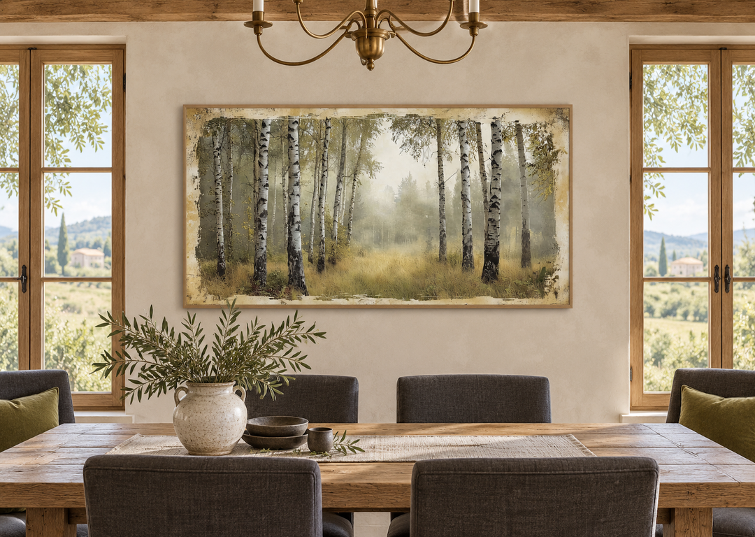 Rustic framed canvas wall art of a birch tree forest in summer above a wooden dining table.