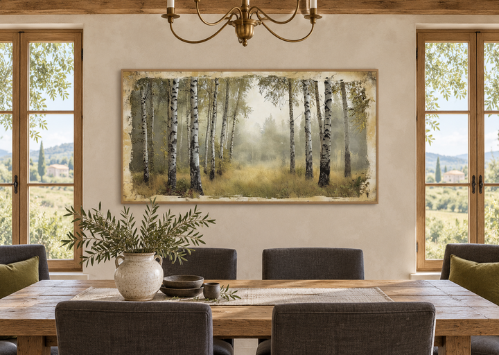 Rustic framed canvas wall art of a birch tree forest in summer above a wooden dining table.