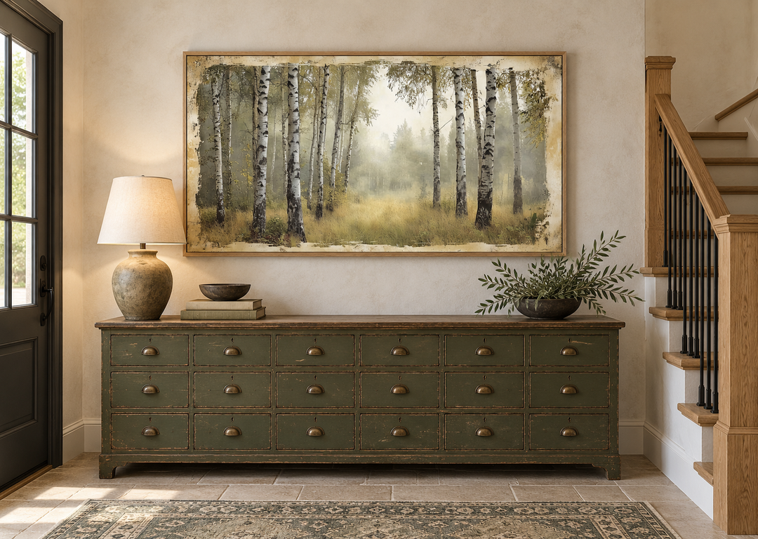 Rustic framed canvas wall art of a birch tree forest in summer above a green apothecary dresser.
