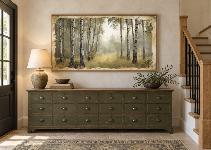 Rustic framed canvas wall art of a birch tree forest in summer above a green apothecary dresser.