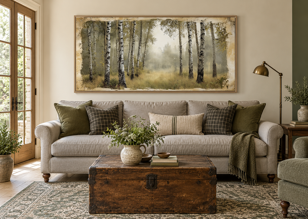 Birch trees forest in summer rustic framed canvas wall art hanging above a sofa in a living room.