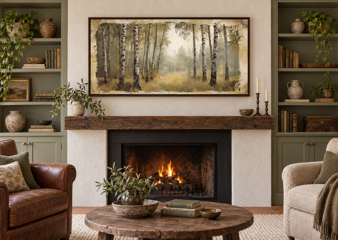 Birch trees forest in summer rustic framed canvas wall art hanging above a cozy fireplace.