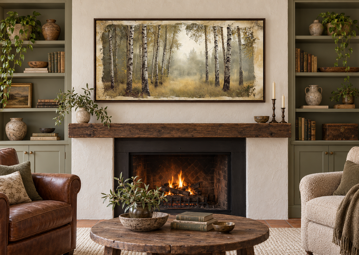 Birch trees forest in summer rustic framed canvas wall art hanging above a cozy fireplace.