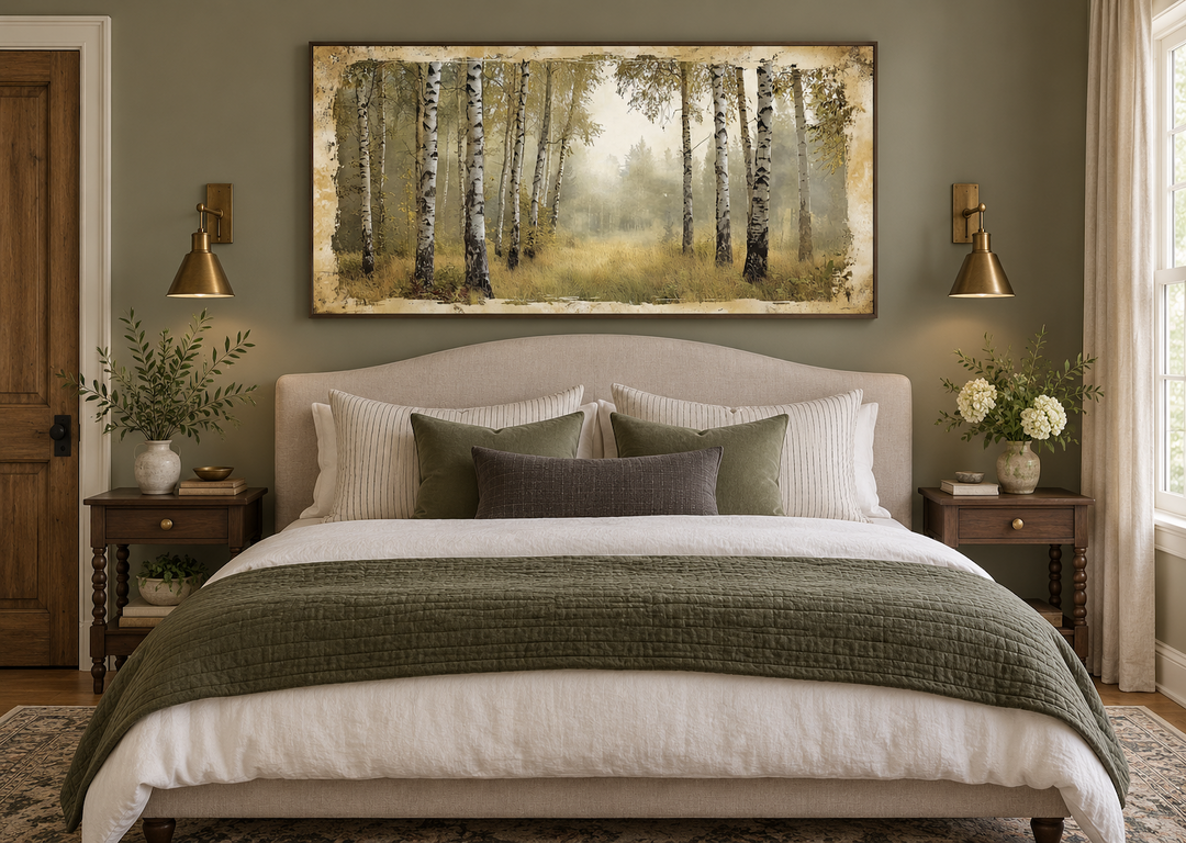 Birch Trees Forest In Summer Rustic Framed Canvas Wall Art hanging above a bed in a bedroom.