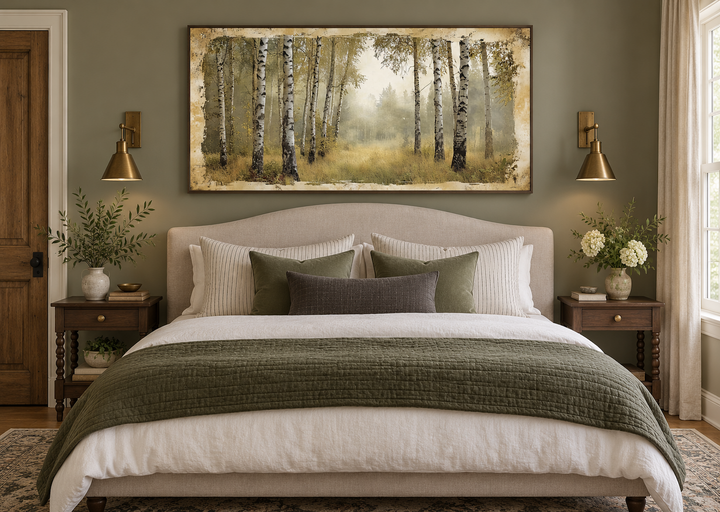 Birch Trees Forest In Summer Rustic Framed Canvas Wall Art hanging above a bed in a bedroom.