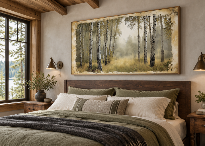 Birch Trees Forest In Summer Rustic Framed Canvas Wall Art hanging above a bed in a cozy bedroom.