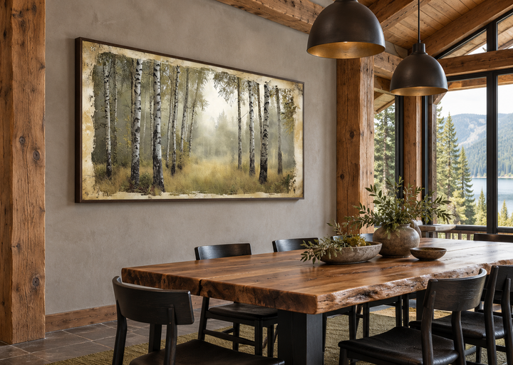 Birch Trees Forest In Summer Rustic Framed Canvas Wall Art in a mountain cabin dining room.