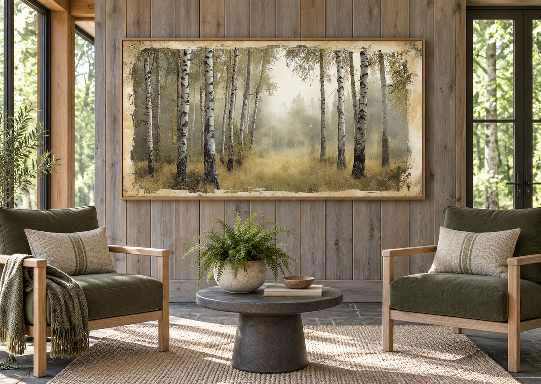 Birch Trees Forest In Summer Rustic Framed Canvas Wall Art above two green chairs in a sunroom.