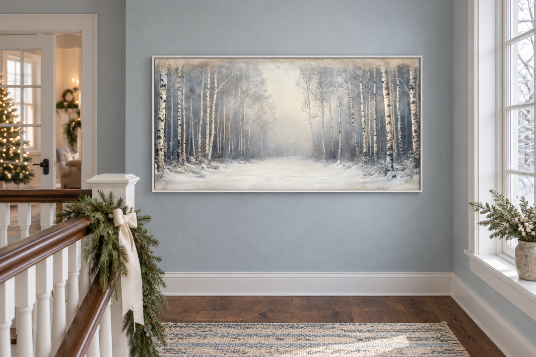 Birch Trees Forest In Winter rustic framed canvas wall art hanging in a farmhouse stair landing.