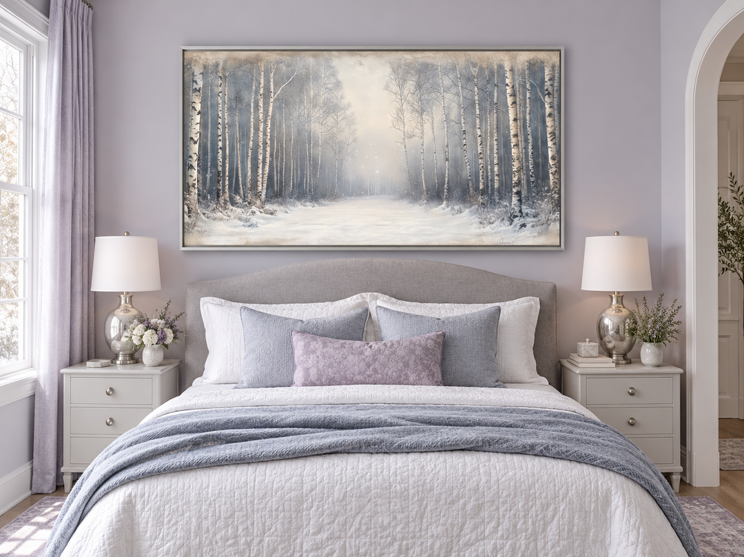 Birch Trees Forest In Winter rustic framed canvas wall art hanging above a bed in a bedroom.