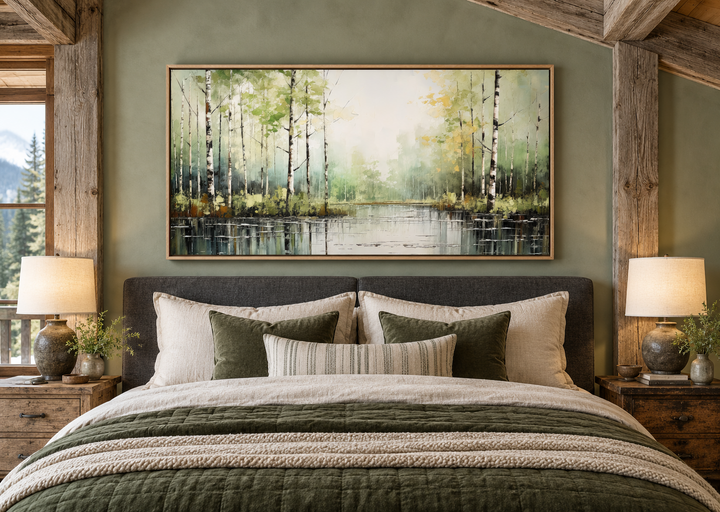 Rustic framed canvas painting of a birch tree forest over a bed in a cozy cabin bedroom.