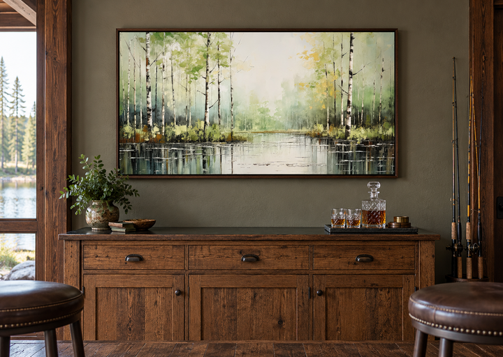 Rustic framed canvas painting of a birch tree forest over a lake, hung above a wooden sideboard.