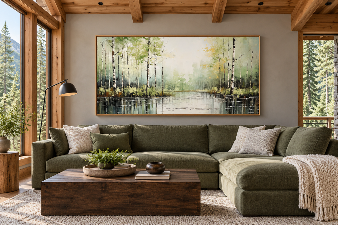 Large framed horizontal canvas painting of a birch tree forest over a living room sofa.