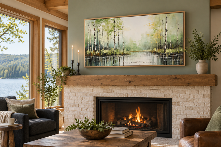 Rustic framed canvas painting of a birch tree forest over a fireplace in a cozy living room.
