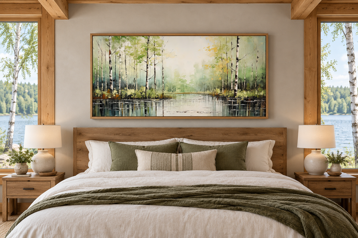 Rustic framed canvas painting of a birch tree forest over a bed in a cabin-style bedroom.