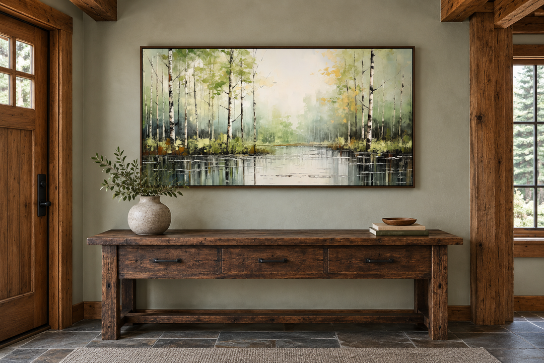 Rustic framed canvas painting of a birch tree forest over a lake in a cabin entryway.