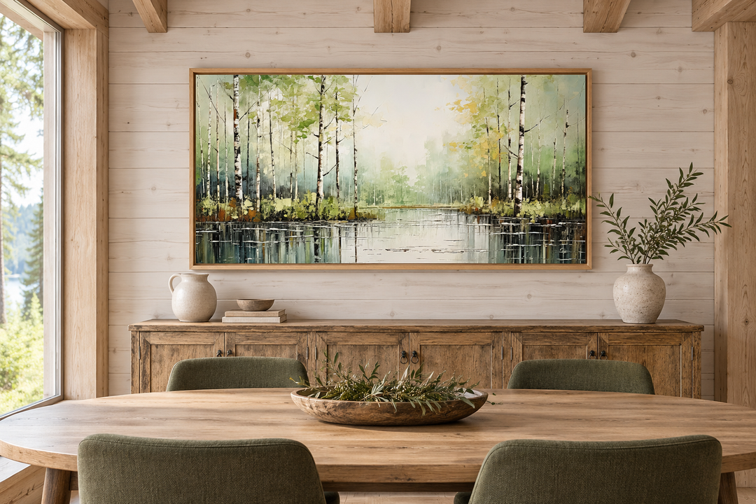 Rustic framed canvas painting of a birch tree forest over a lake in a cabin dining room.