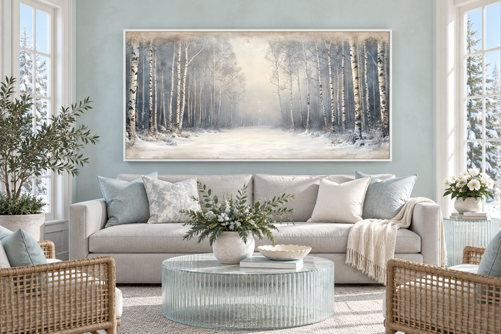 Rustic framed canvas wall art of a birch tree forest in winter above a light grey sofa.
