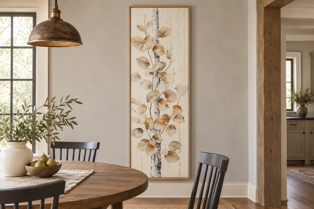 Vertical framed canvas wall art of a birch tree branch with autumn leaves in a rustic dining room.