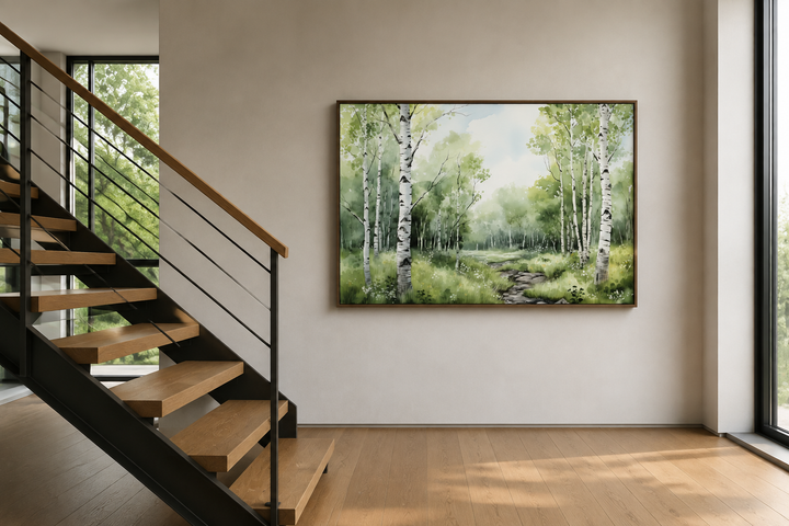 Toile encadrée représentant une forêt de bouleaux en été