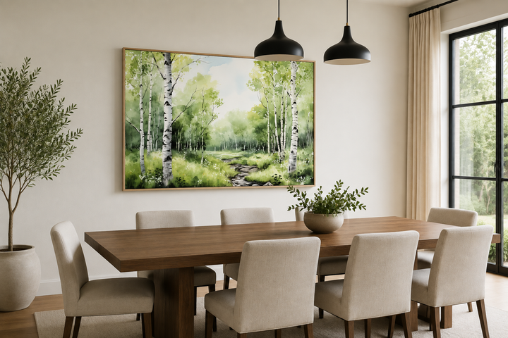 Toile encadrée représentant une forêt de bouleaux en été