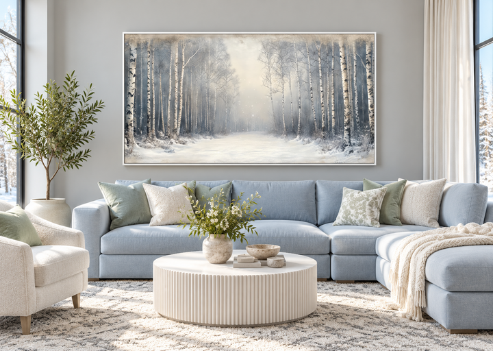Birch Trees Forest In Winter rustic framed canvas wall art hanging above a blue sectional sofa.