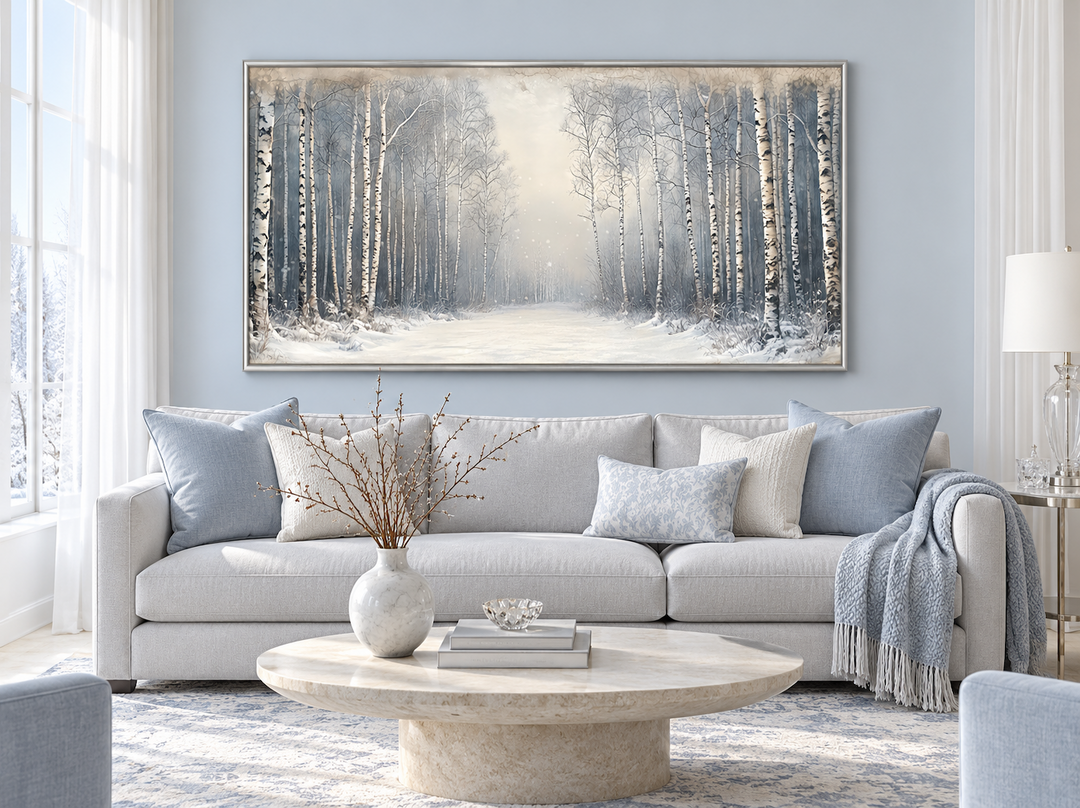 Birch Trees Forest In Winter rustic framed canvas wall art hanging above a light grey sofa.