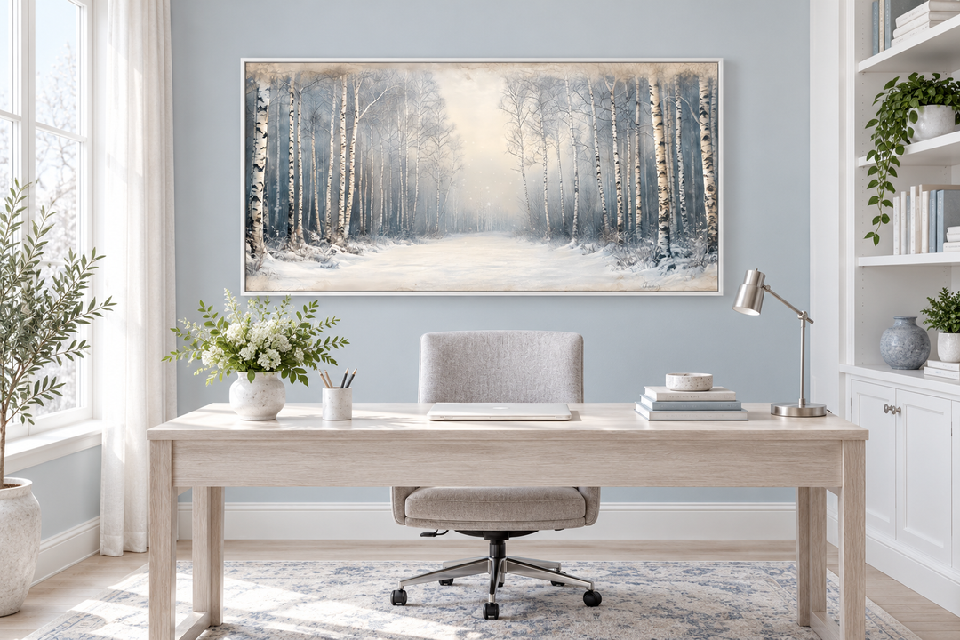 Rustic framed canvas wall art of a winter birch tree forest hanging in a serene home office.