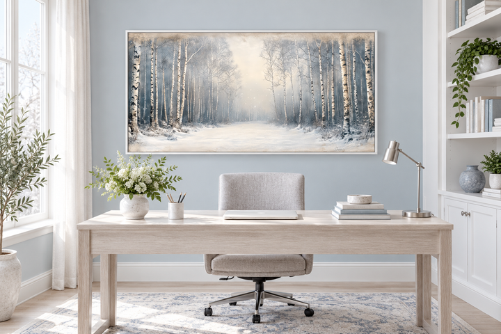 Rustic framed canvas wall art of a winter birch tree forest hanging in a serene home office.