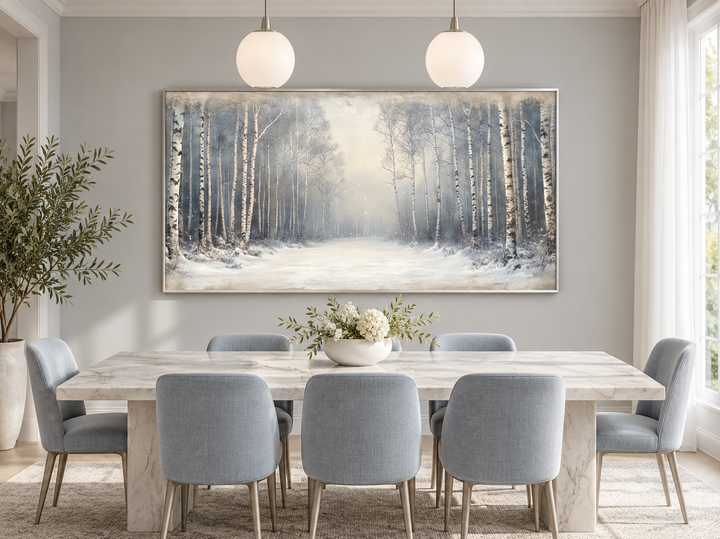 Rustic framed canvas wall art featuring a serene winter birch tree forest over a dining table.