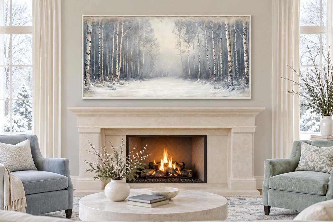 Rustic framed canvas wall art of a snowy birch tree forest hanging above a stone fireplace.