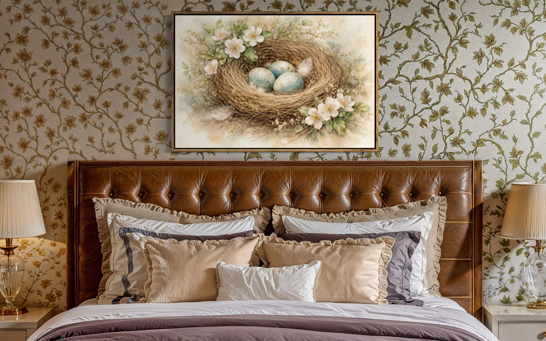 Bird nest canvas print with blue eggs and spring florals hanging above a tufted leather headboard.